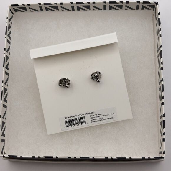 Tory Burch Earrings Kira Pearl Stud Pearl Silver Crystal Dobule T Logo Designer - Picture 5 of 6